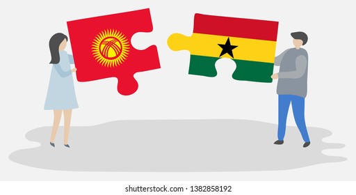 Couple holding two puzzles pieces with Kirgiz and Ghanaian flags. Kyrgyzstan and Ghana national symbols together.