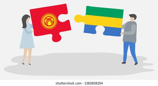 Couple holding two puzzles pieces with Kirgiz and Gabonese flags. Kyrgyzstan and Gabon national symbols together.