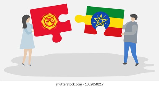 Couple holding two puzzles pieces with Kirgiz and Ethiopian flags. Kyrgyzstan and Ethiopia national symbols together.