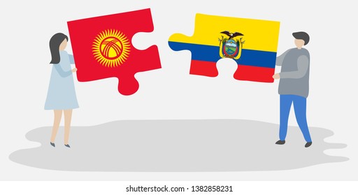 Couple holding two puzzles pieces with Kirgiz and Ecuadorian flags. Kyrgyzstan and Ecuador national symbols together.