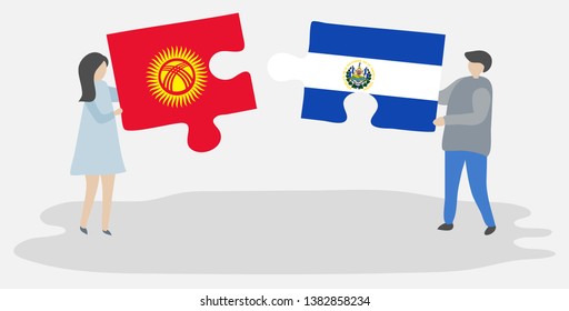 Couple holding two puzzles pieces with Kirgiz and Salvadoran flags. Kyrgyzstan and El Salvador national symbols together.