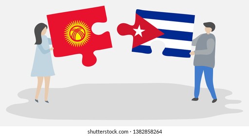 Couple holding two puzzles pieces with Kirgiz and Cuban flags. Kyrgyzstan and Cuba national symbols together.