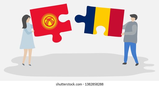 Couple holding two puzzles pieces with Kirgiz and Chadian flags. Kyrgyzstan and Chad national symbols together.