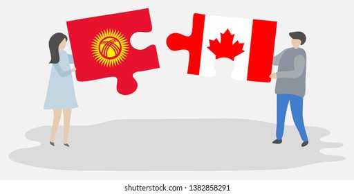 Couple holding two puzzles pieces with Kirgiz and Canadian flags. Kyrgyzstan and Canada national symbols together.