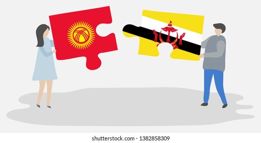 Couple holding two puzzles pieces with Kirgiz and Bruneian flags. Kyrgyzstan and Brunei national symbols together.
