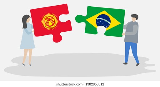 Couple holding two puzzles pieces with Kirgiz and Brazilian flags. Kyrgyzstan and Brazil national symbols together.