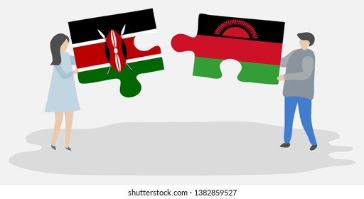 Couple holding two puzzles pieces with Kenyan and Malawian flags. Kenya and Malawi national symbols together.