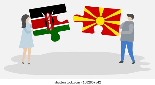 Couple holding two puzzles pieces with Kenyan and Macedonian flags. Kenya and Macedonia national symbols together.