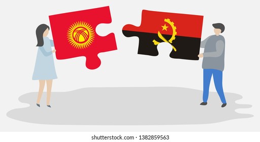 Couple holding two puzzles pieces with Kirgiz and Angolan flags. Kyrgyzstan and Angola national symbols together.