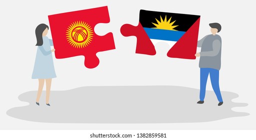 Couple holding two puzzles pieces with Kirgiz and Antiguan flags. Kyrgyzstan and Antigua and Barbuda national symbols together.
