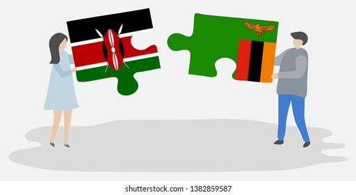 Couple holding two puzzles pieces with Kenyan and Zambian flags. Kenya and Zambia national symbols together.