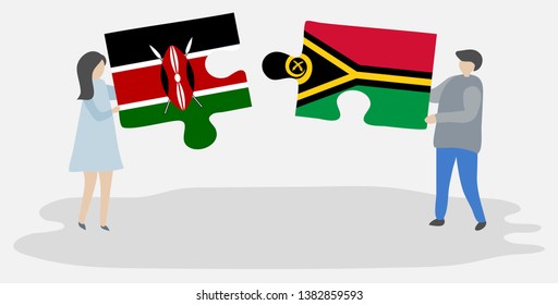 Couple holding two puzzles pieces with Kenyan and Vanuatuan flags. Kenya and Vanuatu national symbols together.