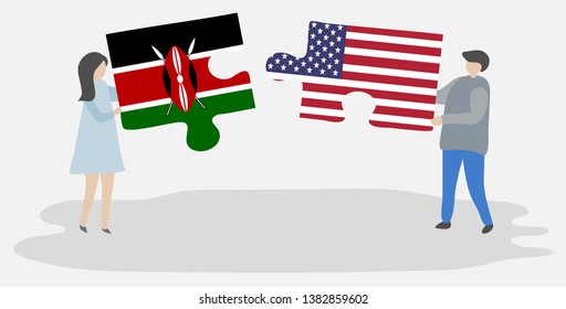 Couple holding two puzzles pieces with Kenyan and American flags. Kenya and United States of America national symbols together.