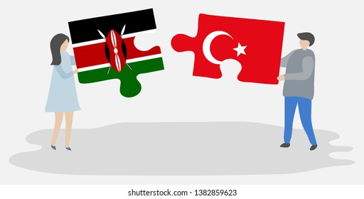 Couple holding two puzzles pieces with Kenyan and Turkish flags. Kenya and Turkey national symbols together.