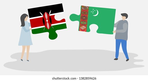 Couple holding two puzzles pieces with Kenyan and Turkmen flags. Kenya and Turkmenistan national symbols together.