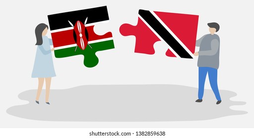Couple holding two puzzles pieces with Kenyan and Trinidadian flags. Kenya and Trinidad and Tobago national symbols together.