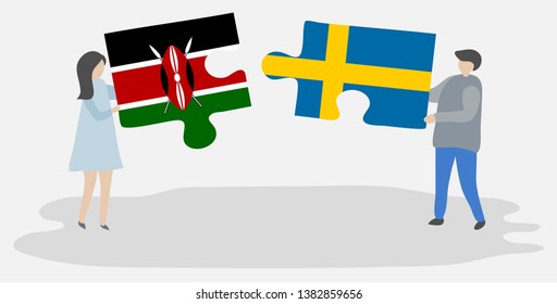 Couple holding two puzzles pieces with Kenyan and Swedish flags. Kenya and Sweden national symbols together.