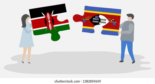 Couple holding two puzzles pieces with Kenyan and Swazi flags. Kenya and Swaziland national symbols together.