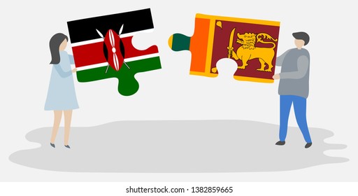 Couple holding two puzzles pieces with Kenyan and Sri Lankan flags. Kenya and Sri Lanka national symbols together.