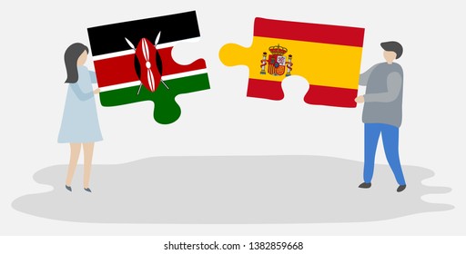 Couple holding two puzzles pieces with Kenyan and Spanish flags. Kenya and Spain national symbols together.