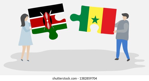 Couple holding two puzzles pieces with Kenyan and Senegalese flags. Kenya and Senegal national symbols together.