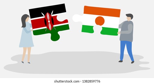 Couple holding two puzzles pieces with Kenyan and Nigerien flags. Kenya and Niger national symbols together.