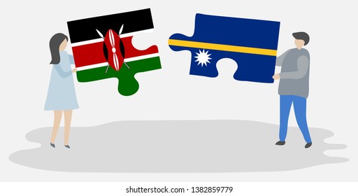 Couple holding two puzzles pieces with Kenyan and Nauruan flags. Kenya and Nauru national symbols together.