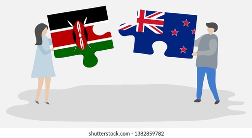 Couple holding two puzzles pieces with Kenyan and NZ flags. Kenya and New Zealand national symbols together.
