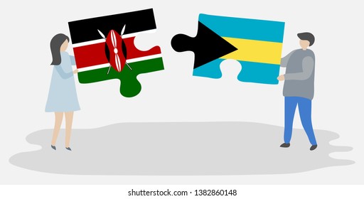 Couple holding two puzzles pieces with Kenyan and Bahamian flags. Kenya and Bahamas national symbols together.