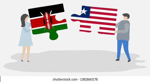 Couple holding two puzzles pieces with Kenyan and Liberian flags. Kenya and Liberia national symbols together.