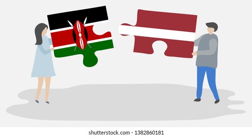 Couple holding two puzzles pieces with Kenyan and Latvian flags. Kenya and Latvia national symbols together.
