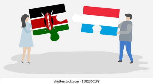 Couple holding two puzzles pieces with Kenyan and Luxembourgish flags. Kenya and Luxembourg national symbols together.