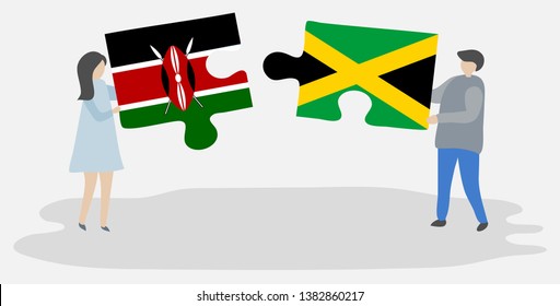 Couple holding two puzzles pieces with Kenyan and Jamaican flags. Kenya and Jamaica national symbols together.
