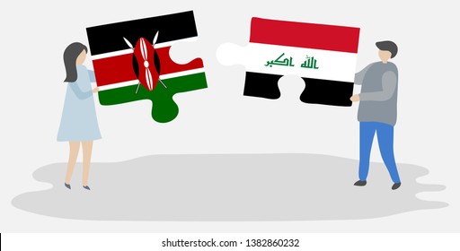 Couple holding two puzzles pieces with Kenyan and Iraqi flags. Kenya and Iraq national symbols together.