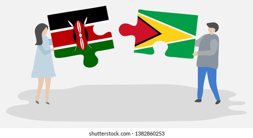 Couple holding two puzzles pieces with Kenyan and Guyanese flags. Kenya and Guyana national symbols together.