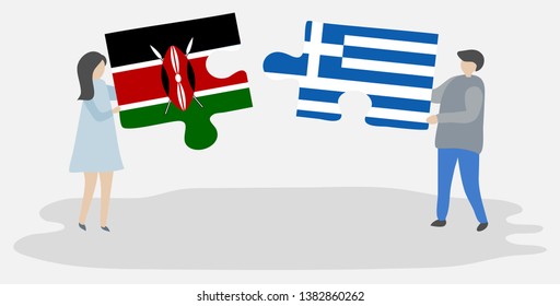 Couple holding two puzzles pieces with Kenyan and Greek flags. Kenya and Greece national symbols together.