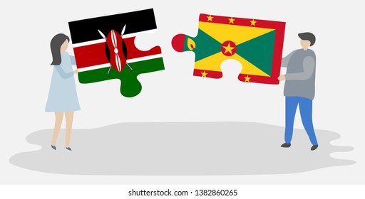 Couple holding two puzzles pieces with Kenyan and Grenadian flags. Kenya and Grenada national symbols together.
