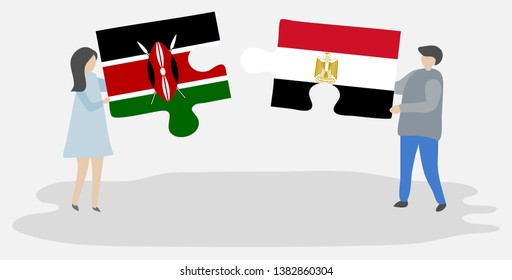 Couple holding two puzzles pieces with Kenyan and Egyptian flags. Kenya and Egypt national symbols together.