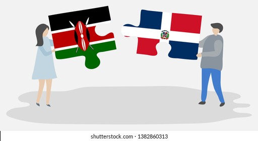 Couple holding two puzzles pieces with Kenyan and Dominican flags. Kenya and Dominican Republic national symbols together.