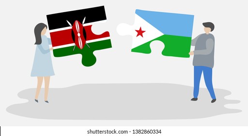 Couple holding two puzzles pieces with Kenyan and Djiboutian flags. Kenya and Djibouti national symbols together.