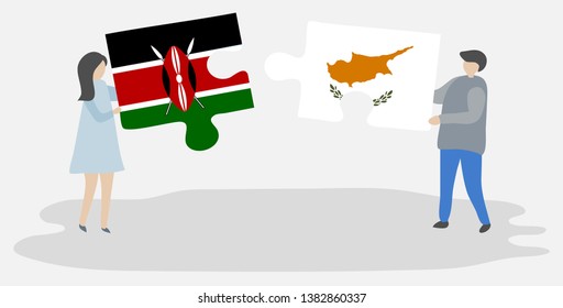 Couple holding two puzzles pieces with Kenyan and Cypriot flags. Kenya and Cyprus national symbols together.