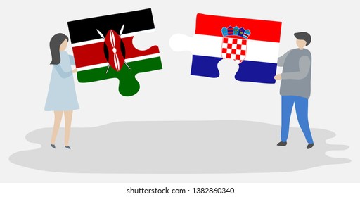 Couple holding two puzzles pieces with Kenyan and Croatian flags. Kenya and Croatia national symbols together.