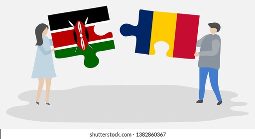 Couple holding two puzzles pieces with Kenyan and Chadian flags. Kenya and Chad national symbols together.