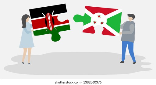 Couple holding two puzzles pieces with Kenyan and Burundian flags. Kenya and Burundi national symbols together.