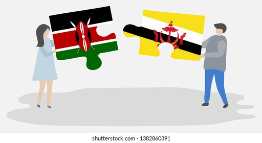 Couple holding two puzzles pieces with Kenyan and Bruneian flags. Kenya and Brunei national symbols together.