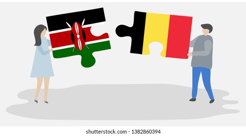 Couple holding two puzzles pieces with Kenyan and Belgian flags. Kenya and Belgium national symbols together.
