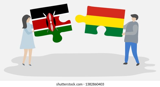 Couple holding two puzzles pieces with Kenyan and Bolivian flags. Kenya and Bolivia national symbols together.