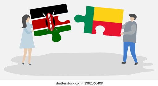 Couple holding two puzzles pieces with Kenyan and Beninese flags. Kenya and Benin national symbols together.