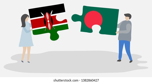Couple holding two puzzles pieces with Kenyan and Bangladeshi flags. Kenya and Bangladesh national symbols together.