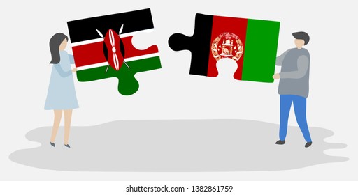 Couple holding two puzzles pieces with Kenyan and Afghan flags. Kenya and Afghanistan national symbols together.